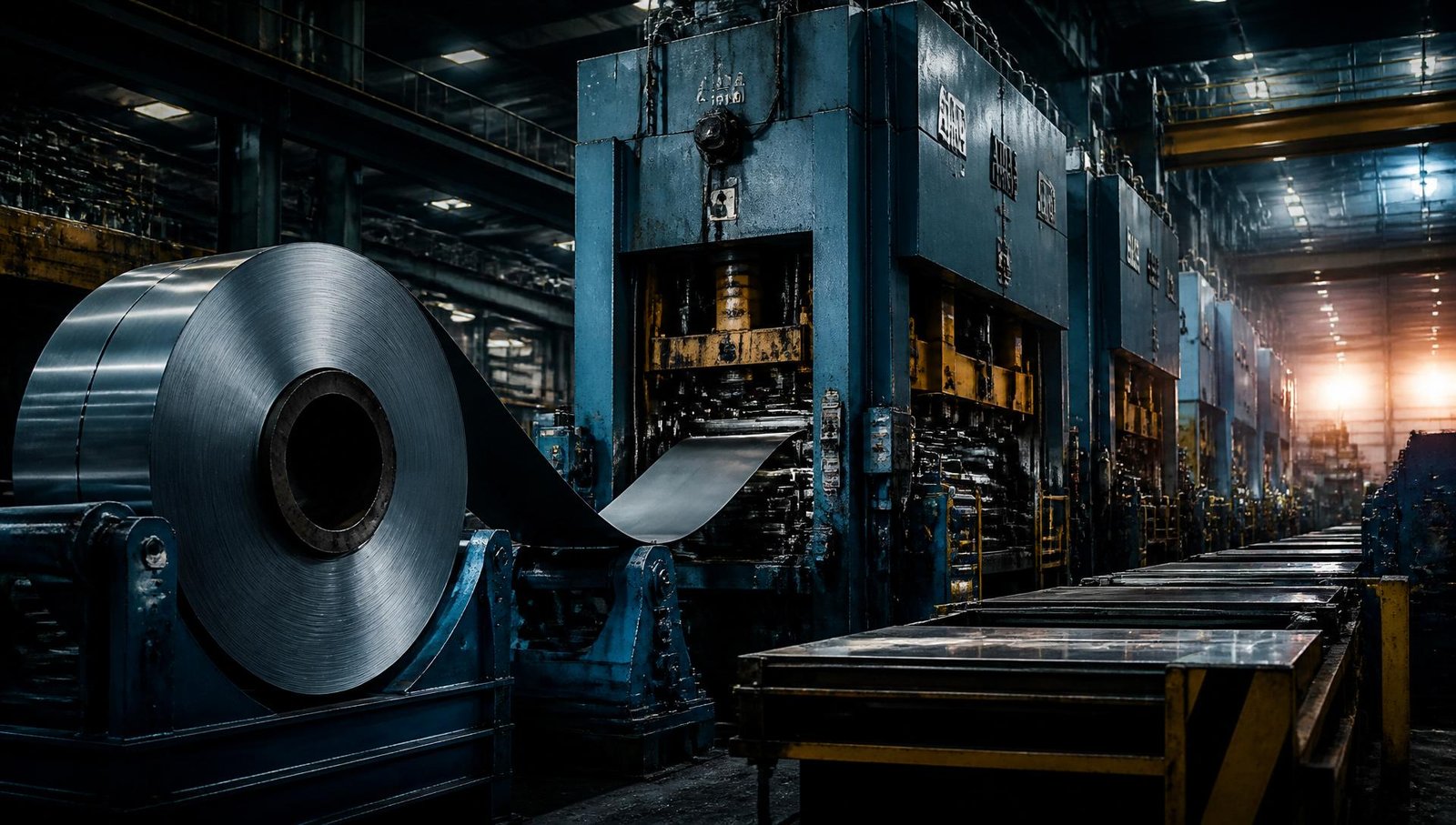 Linha de prensas industriais em operação